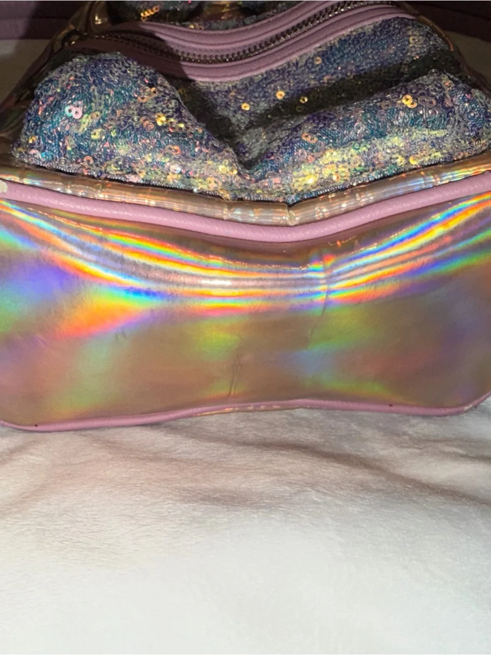 Loungefly Disney Parks Iridescent Pink Holographic Mini Backpack with Sequin Bow